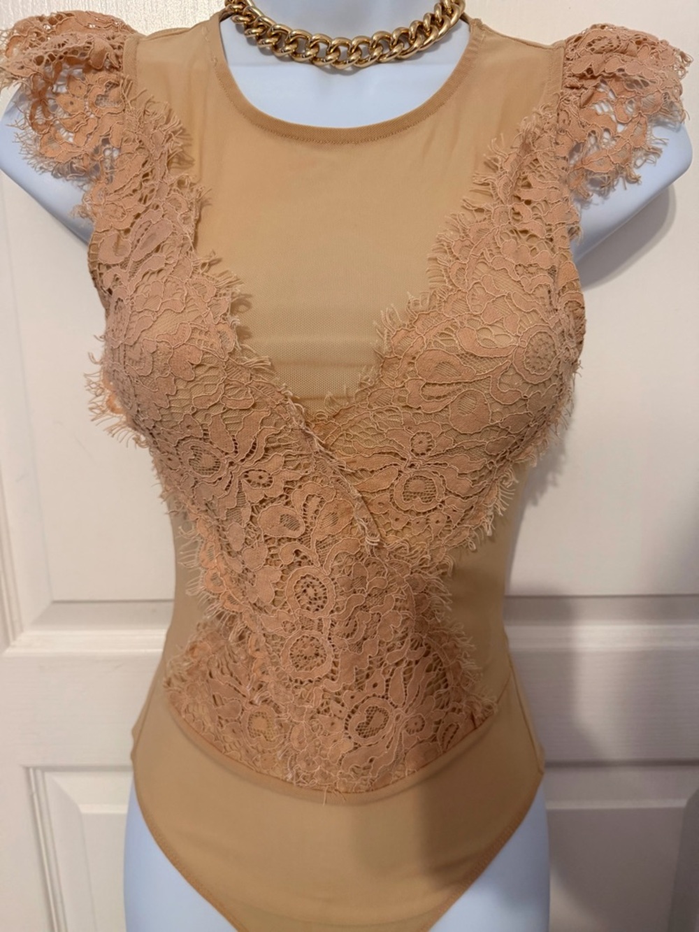 Lace-Detail Nude Bodysuit